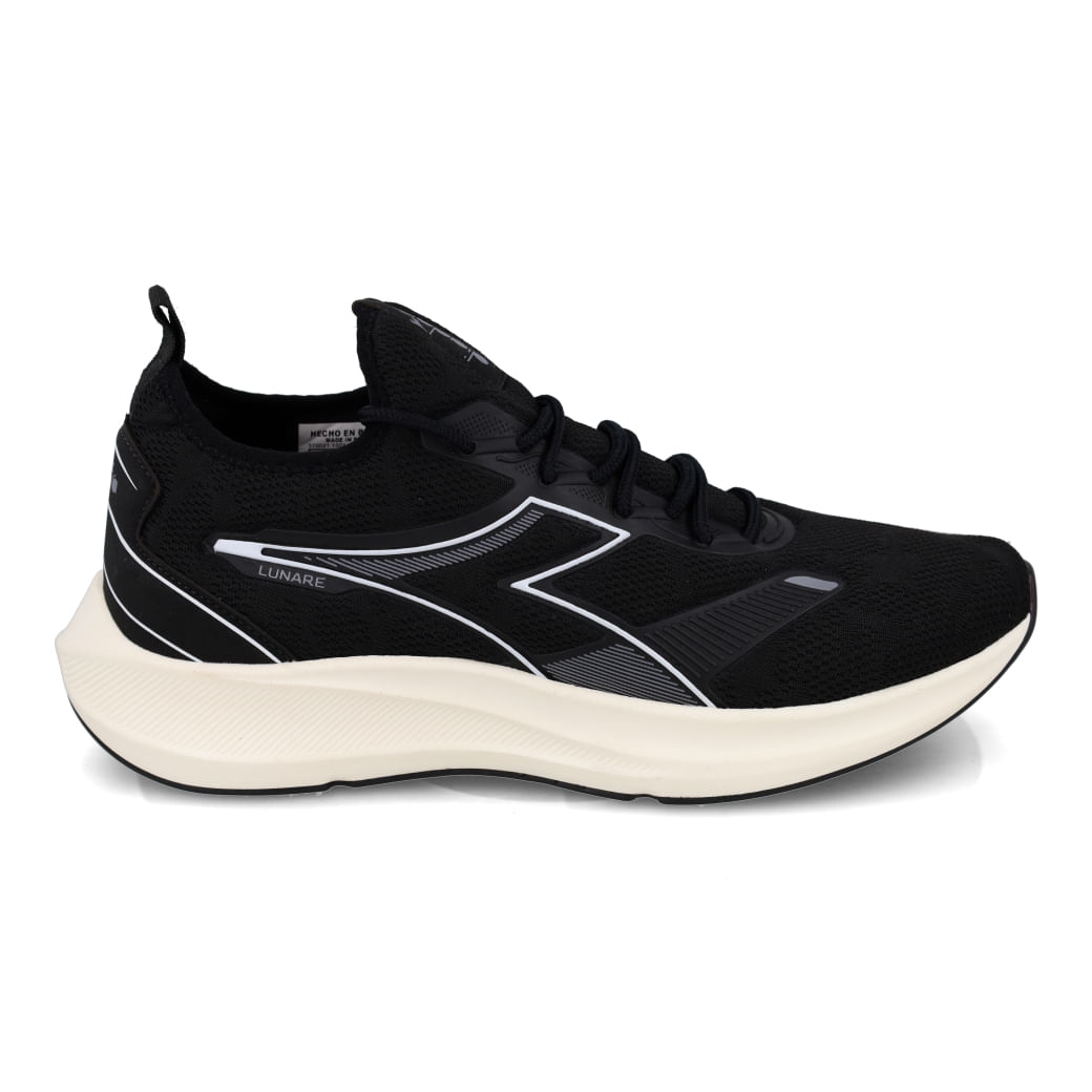 Tênis de corrida Diadora Lunare Unissex preto com detalhes em branco, vista frontal